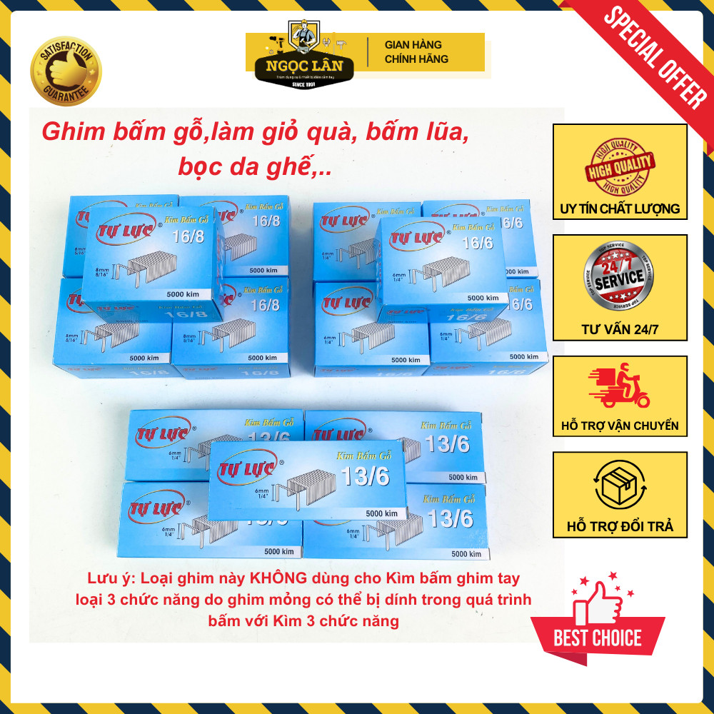 Ghim bấm gỗ Tự Lực 13/6, 13/8, 16/6, 16/8 hộp 5000 ghim