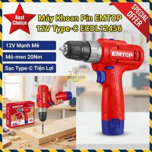 Máy Khoan Pin EMTOP 12V 20Nm Sạc Type-C 1.5Ah Pin ECDL12456