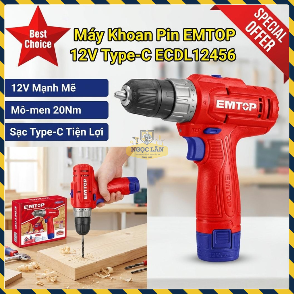 Máy Khoan Pin EMTOP 12V 20Nm Sạc Type-C 1.5Ah Pin ECDL12456