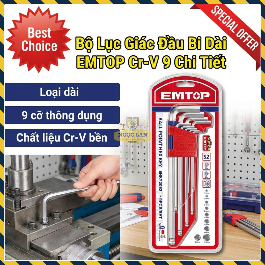 Bộ Lục Giác Đầu Bi Dài EMTOP 9 Chi Tiết Thép Cr-V EHKY2092