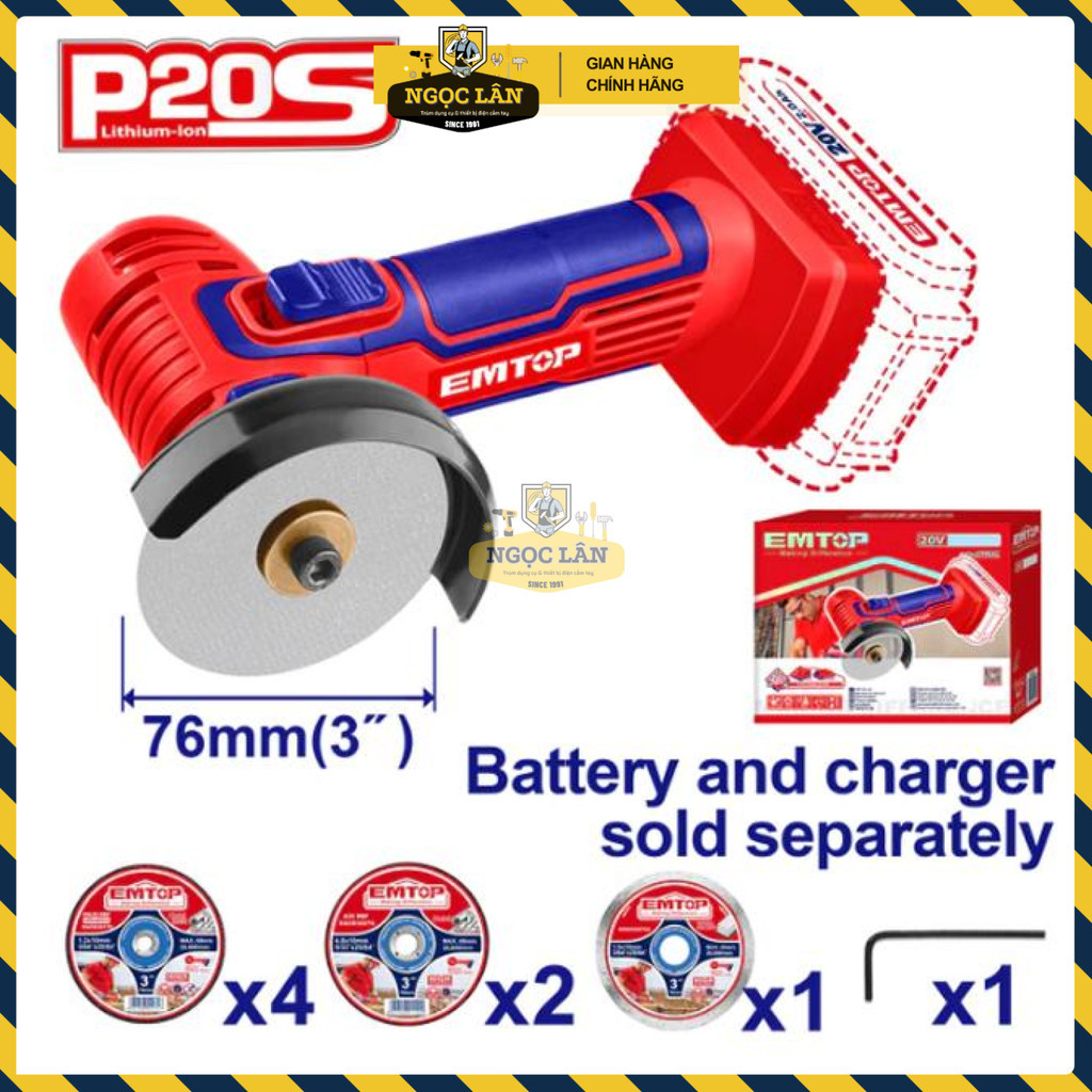 Máy Mài Góc EMTOP 20V Pin D76mm 19500 RPM Thân Máy ELAG7601 - Ảnh 2