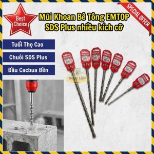 Mũi Khoan Bê Tông EMTOP SDS Plus Đuôi Gài Hợp Kim Cao Cấp Nhiều Kích Cỡ