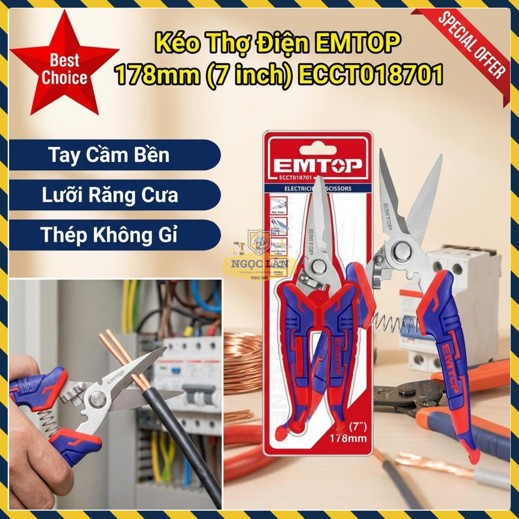 Kéo Thợ Điện EMTOP Inox Răng Cưa Công Thái Học 178mm ECCT018701