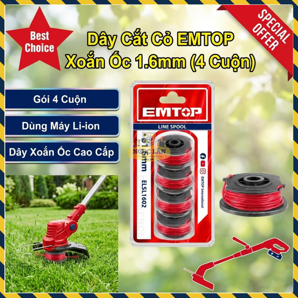 Dây Cắt Cỏ EMTOP Xoắn Ốc 1.6mm 5m (Gói 4 Cuộn) Cho Máy Lithium-ion ELSL1602