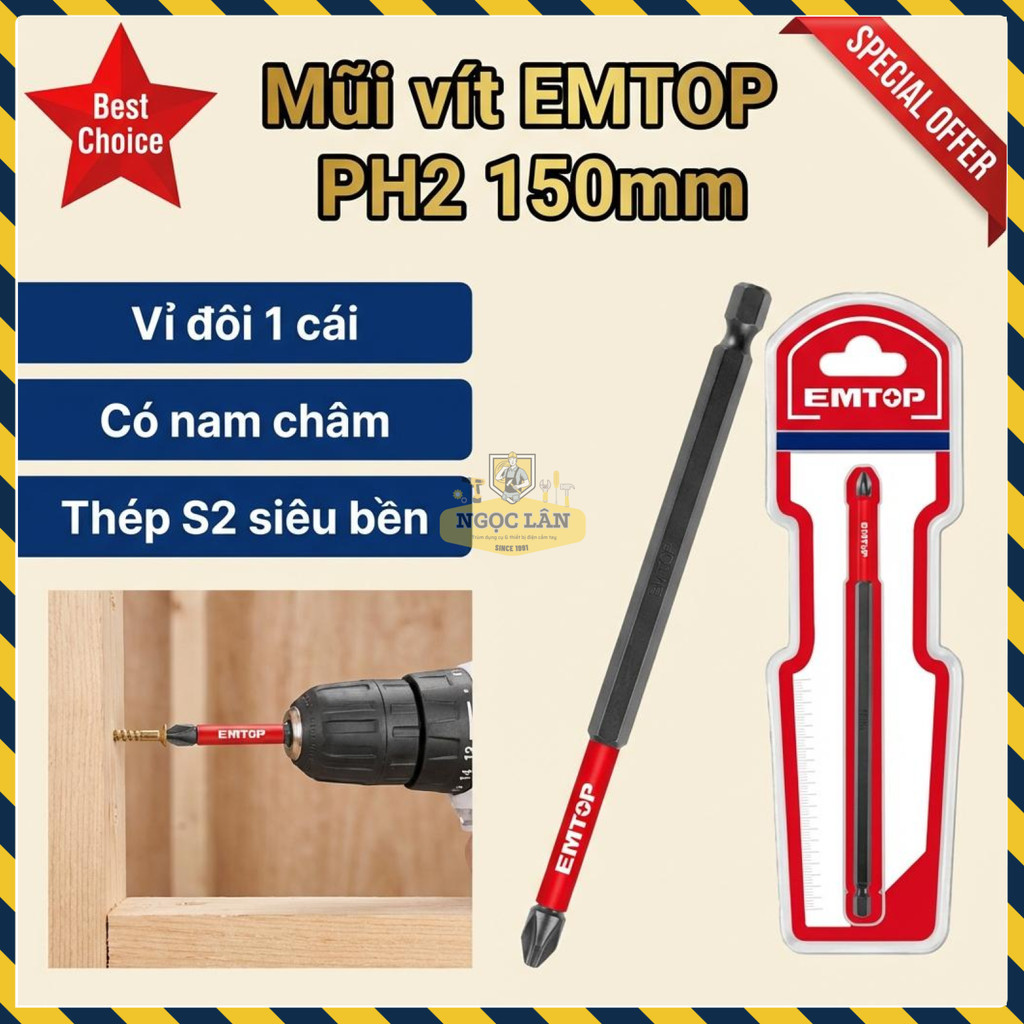 Mũi Bắt Vít Emtop Ph2 150mm Thép S2 Có Nam Châm ESBTM5PH2150