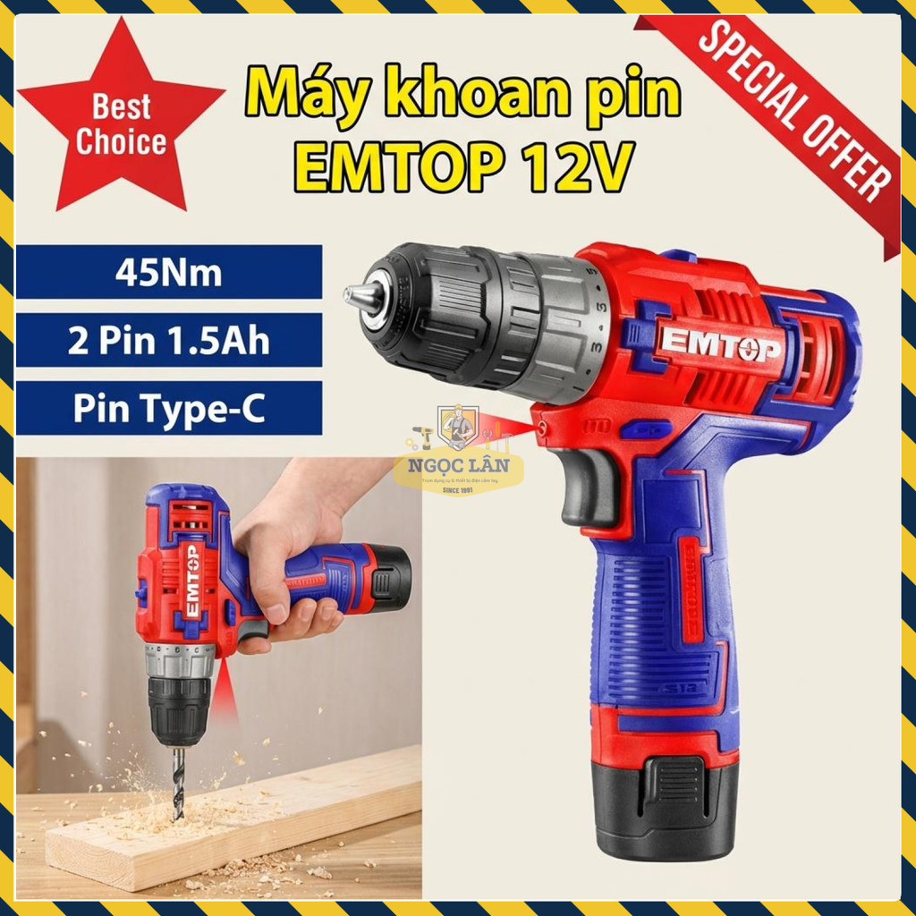Máy Khoan Pin Emtop 12V 45Nm Type-C Kèm 2 Pin Sạc USB (ECDL12620)