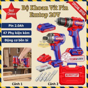 Bộ 2 Máy Khoan Pin Động Lực Siết Vít Emtop 20V + 47 Phụ Kiện ECKL20277
