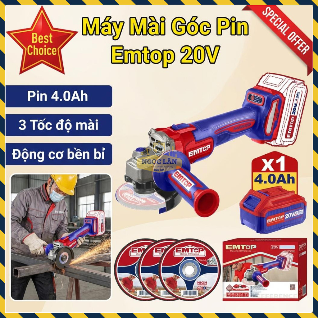 Máy Mài Góc Pin Emtop ELAG261021 Không Chổi Than 20V