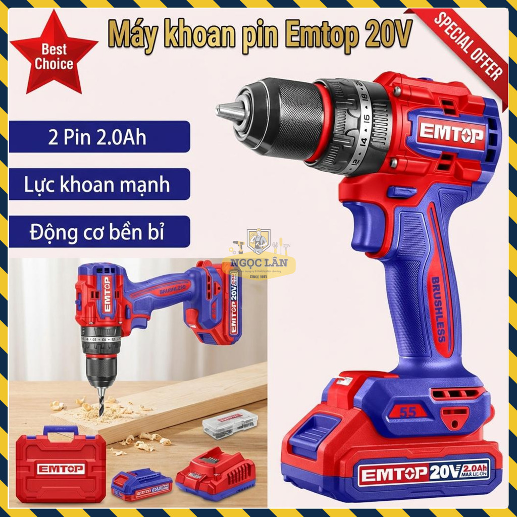 Máy Khoan Pin Động Lực Có Búa 13mm Emtop ECIDL20558, 2 Pin 2.0Ah