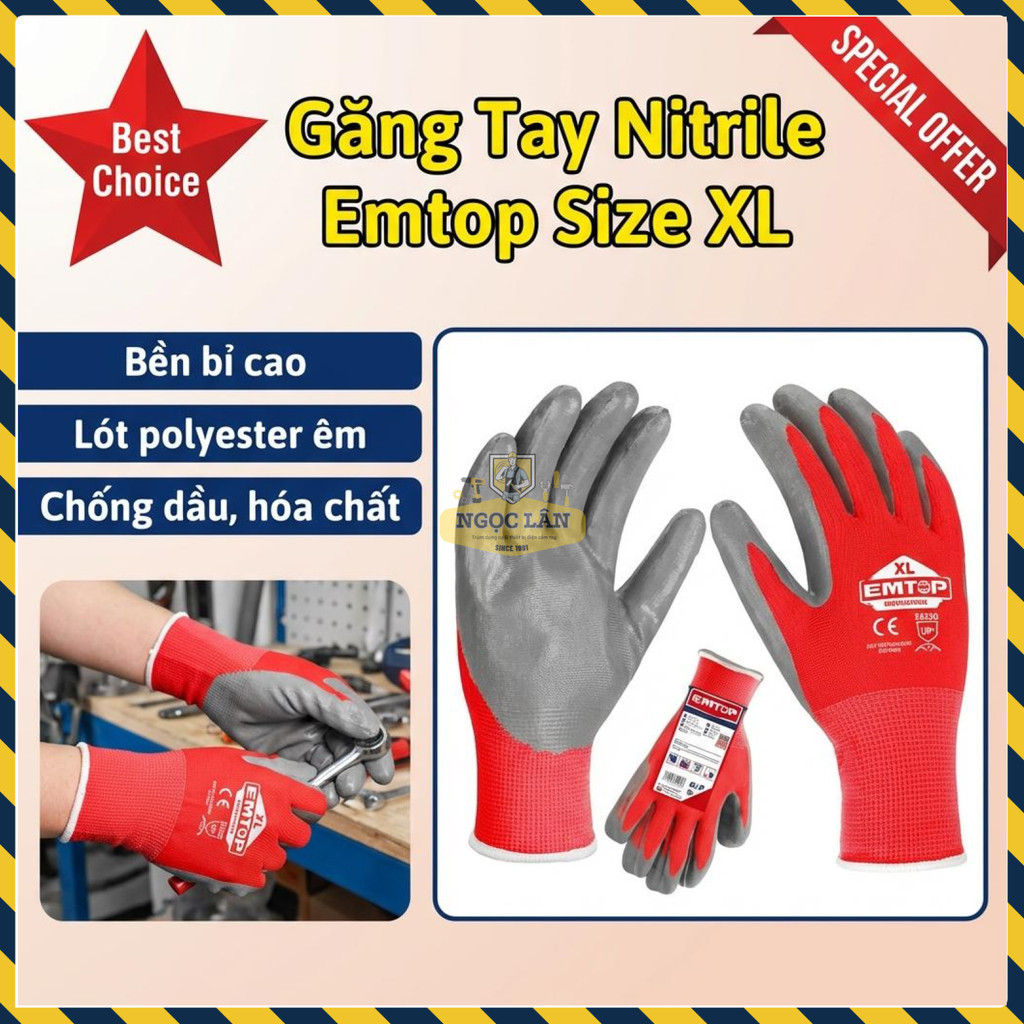 Găng Tay Emtop Nitrile Lót Polyester Size XL ENGV0102