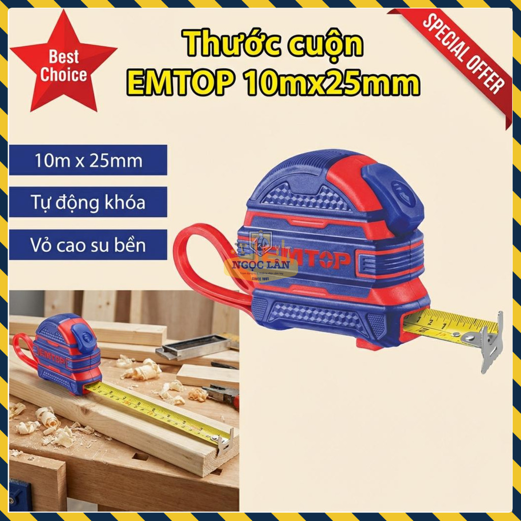 Thước Cuộn Tự Khóa Emtop 10mx25mm Chống Sốc Cao Su EMTP2025