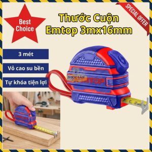Thước Cuộn Vỏ Cao Su Emtop 3mx16mm Tự Khóa EMTP2316M
