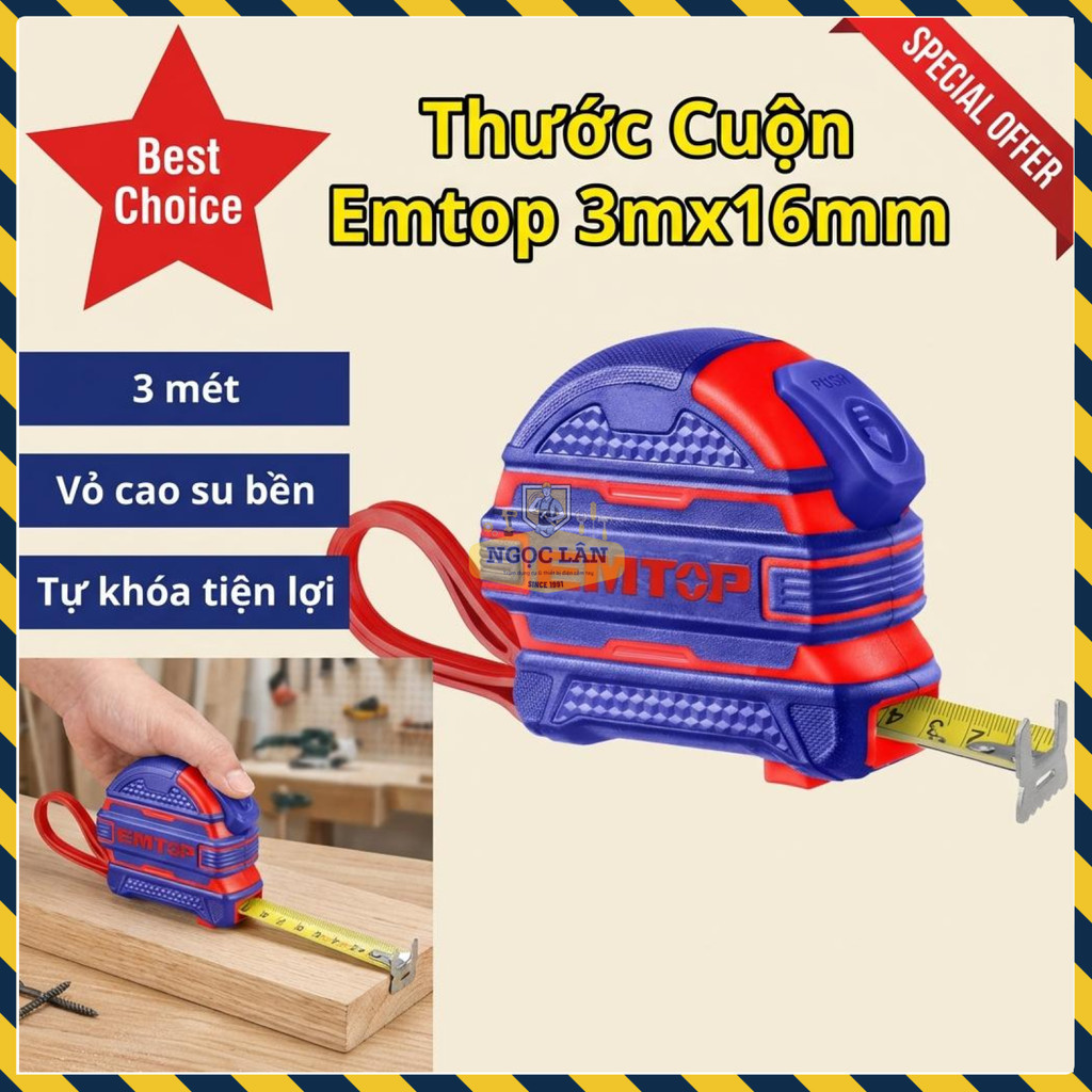 Thước Cuộn Vỏ Cao Su Emtop 3mx16mm Tự Khóa EMTP2316M