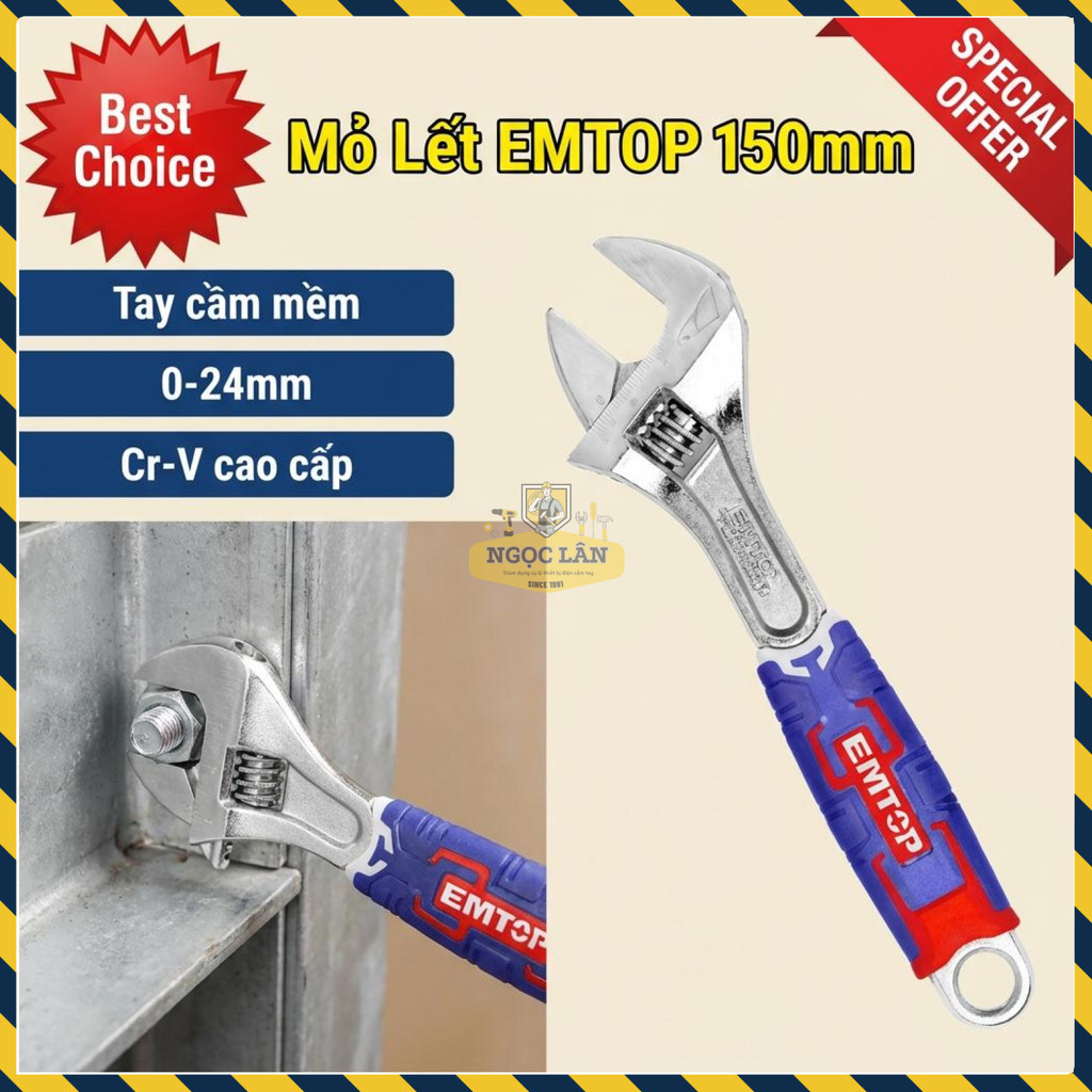 Mỏ Lết Điều Chỉnh tay bọc EMTOP 6" (150mm) Cr-V (EAWH130601)