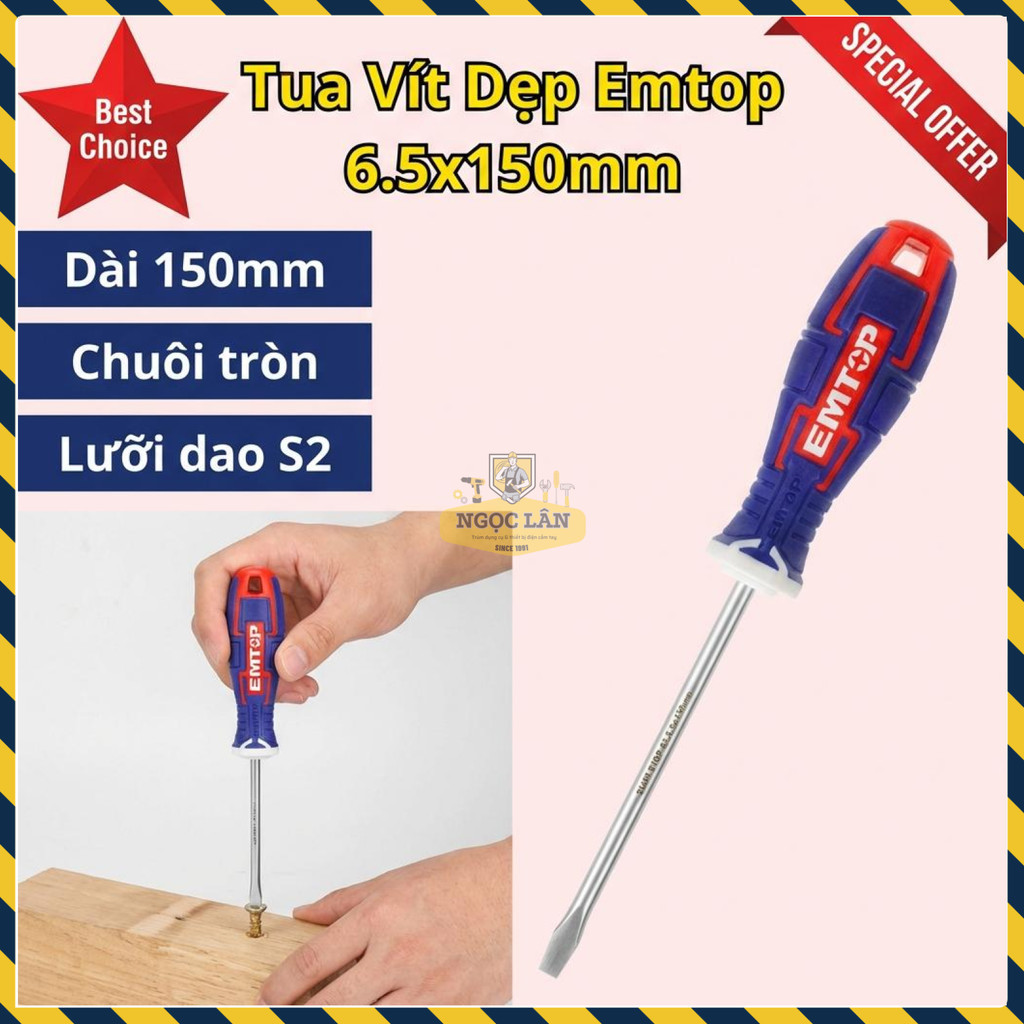 Tua Vít Đầu Dẹp EMTOP 6.5x150mm Chuôi Tròn Lưỡi S2 ESDRSL6602