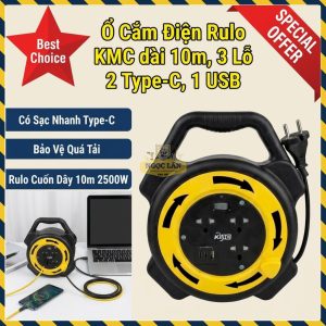 Ổ Cắm Rulo KMC Cuốn Dây Chống Quá Tải 2500W, 3 Lỗ, 2 Type-C, 1 USB, 10m