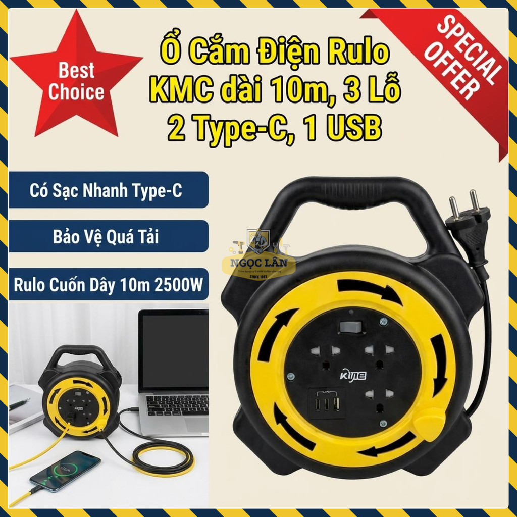 Ổ Cắm Rulo KMC Cuốn Dây Chống Quá Tải 2500W, 3 Lỗ, 2 Type-C, 1 USB, 10m