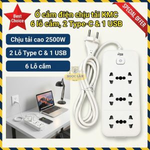 Ổ cắm điện KMC 6 lỗ, chịu tải cao, sạc nhanh 2 Type-C & 1 USB, Model 90641