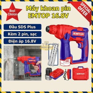 Máy Khoan Pin EMTOP 16.8V 2 Chức Năng Kèm 2 Pin Sạc ELRH16168
