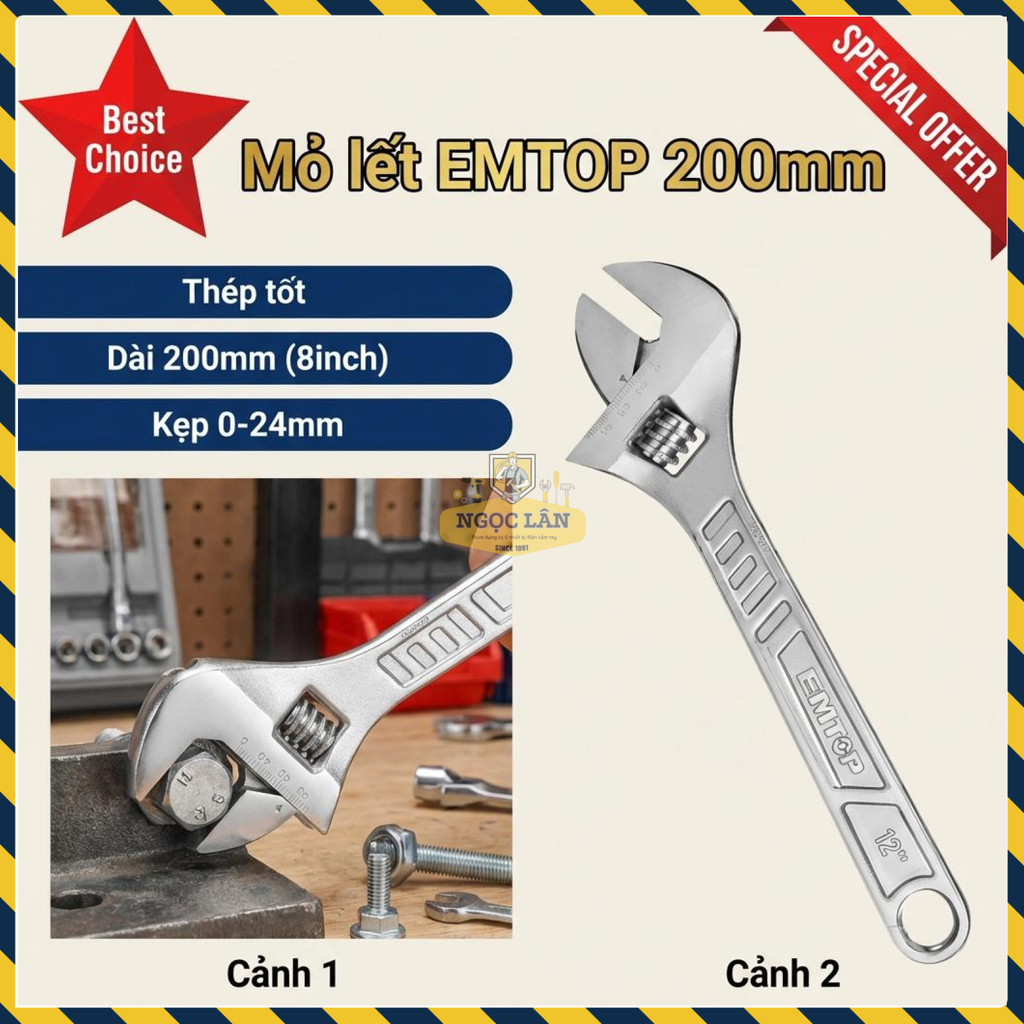 Mỏ Lết Điều Chỉnh Kích Thước EMTOP 8" 200mm EAWH130822
