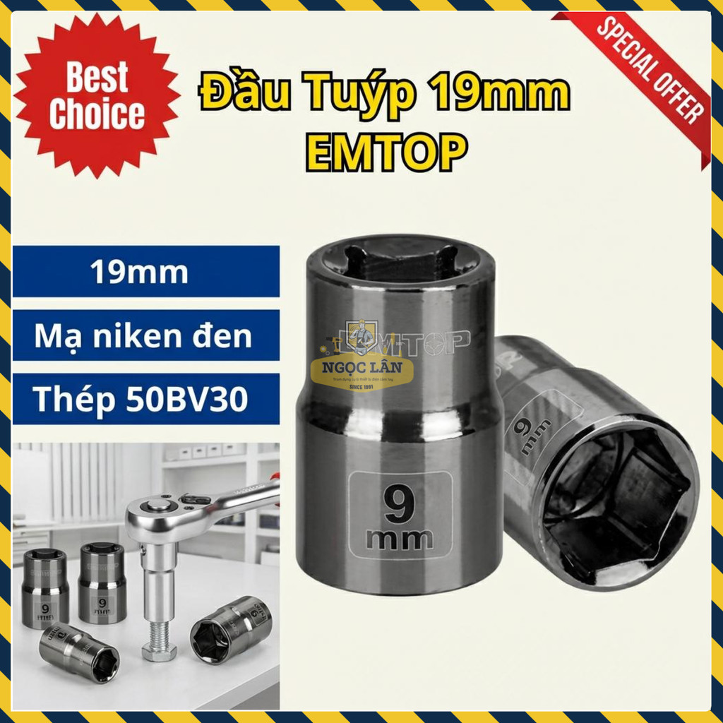 Đầu Tuýp 19mm 1/2" EMTOP Thép 50BV30 (ESCT12191)