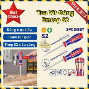 Bộ 2 Tua Vít Đóng EMTOP Thép S2 Lục Giác EGTST0203