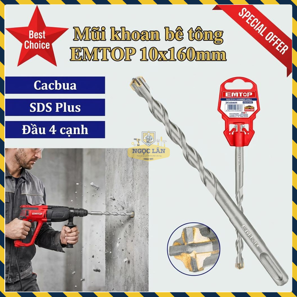 Mũi Khoan Bê Tông Đầu 4 Cạnh EMTOP 10x160mm EHDR221002