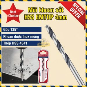 Mũi Khoan Sắt HSS EMTOP 4mm Khoan Inox Mỏng 135 Độ ETDB310402