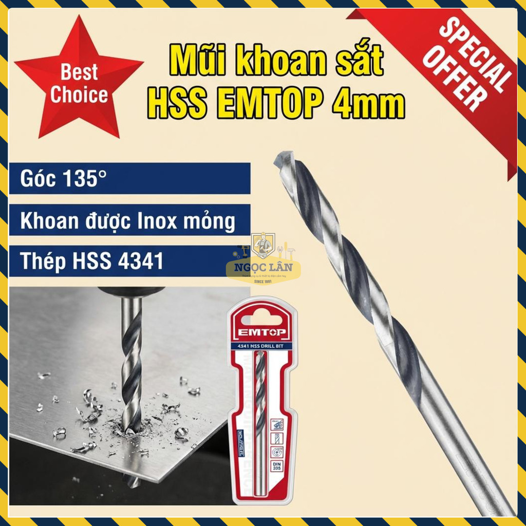 Mũi Khoan Sắt HSS EMTOP 4mm Khoan Inox Mỏng 135 Độ ETDB310402