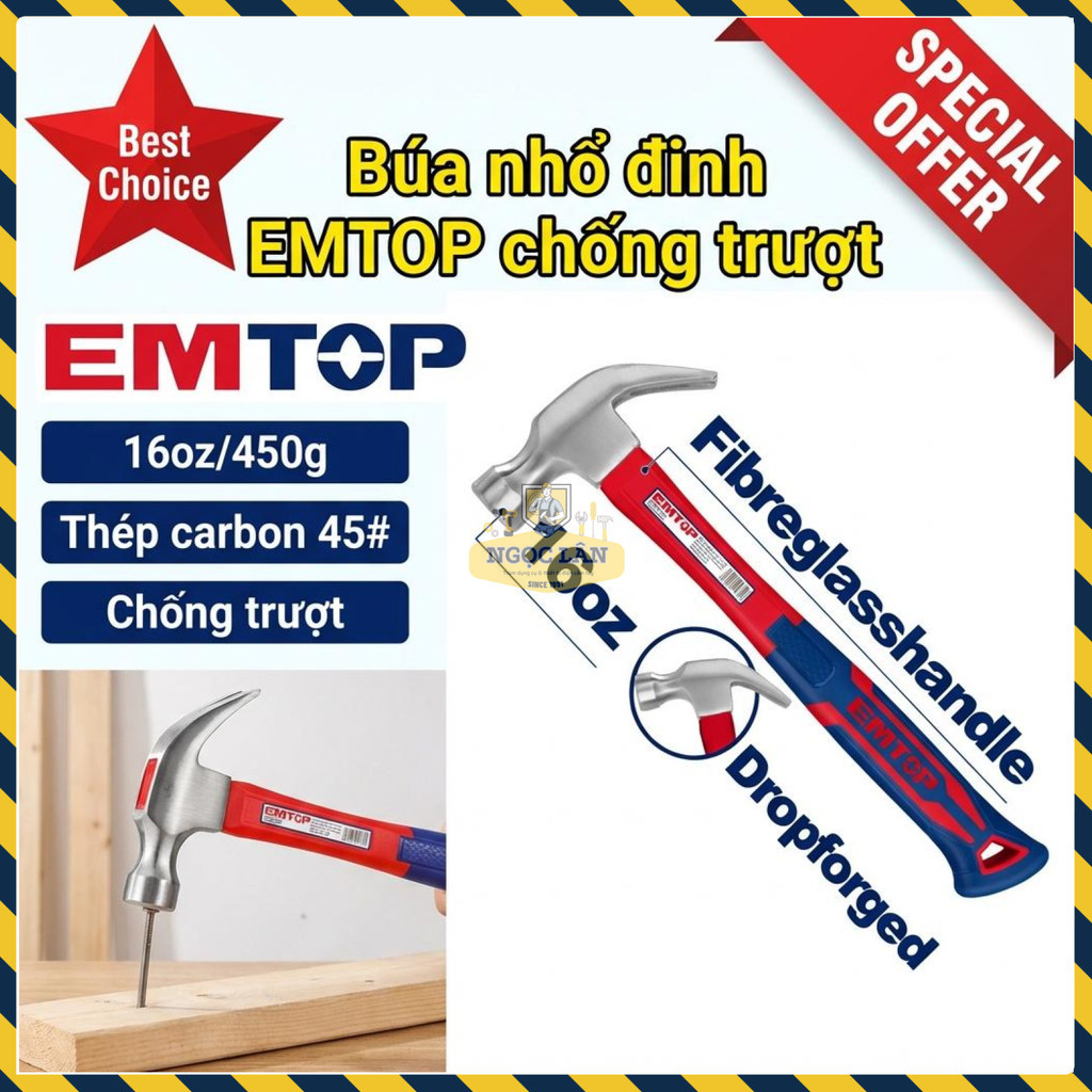 Búa Nhổ Đinh EMTOP 16oz/450g Chống Trượt, Đầu Rèn Thả (EHAMCH1601)