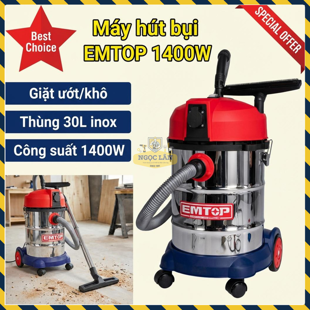 Máy Hút Bụi Công Nghiệp EMTOP EVCR1401, 1400W, 30L, Inox