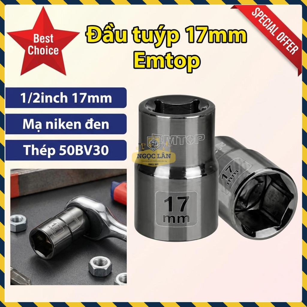 Tuýp EMTOP 17mm 1/2" 50BV30 Mạ Niken Đen ESCT12171
