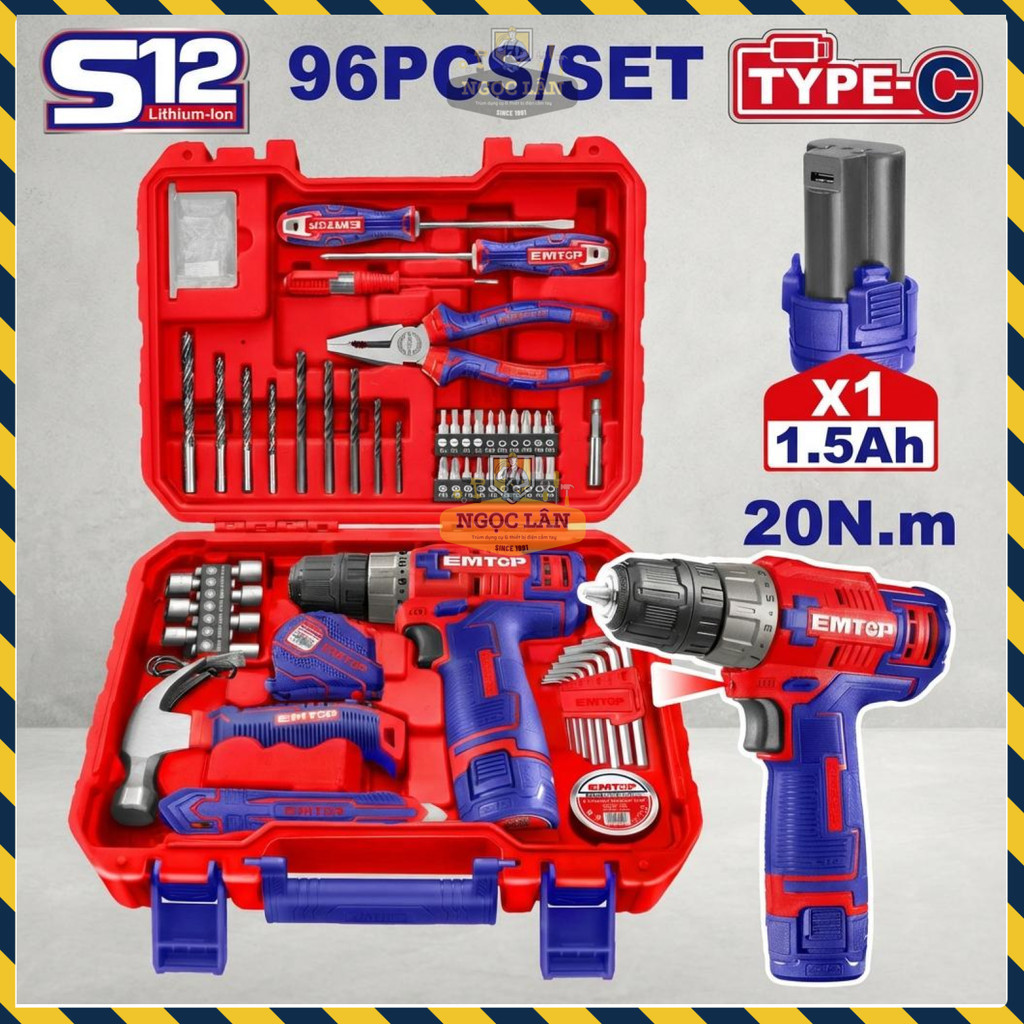 EMTOP Bộ Máy Khoan Pin 10mm Type-C Kèm 96 Món Đồ Nghề EEDK09601 - Ảnh 4