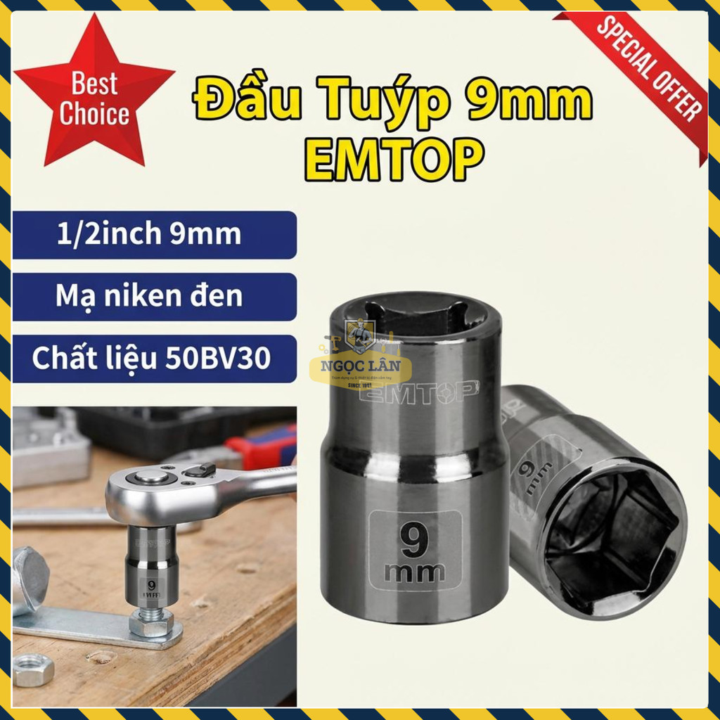 Đầu Tuýp EMTOP 9mm 1/2" 50BV30 Mạ Niken Đen ESCT12091