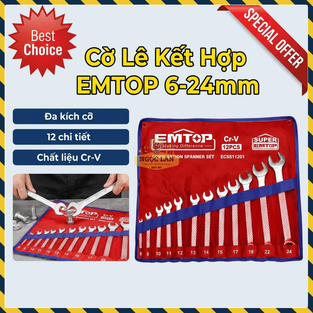 Bộ Cờ Lê Kết Hợp EMTOP 12 Chiếc Cr-V Cao Cấp ECSS11201
