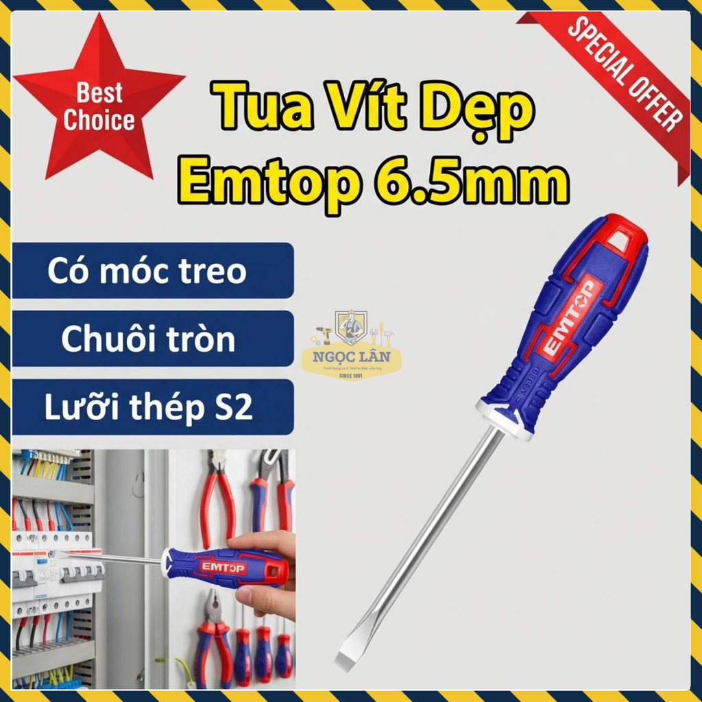 Tua Vít Dẹp EMTOP 6.5x125mm Lưỡi S2 Chuôi Tròn ESDRSL6502