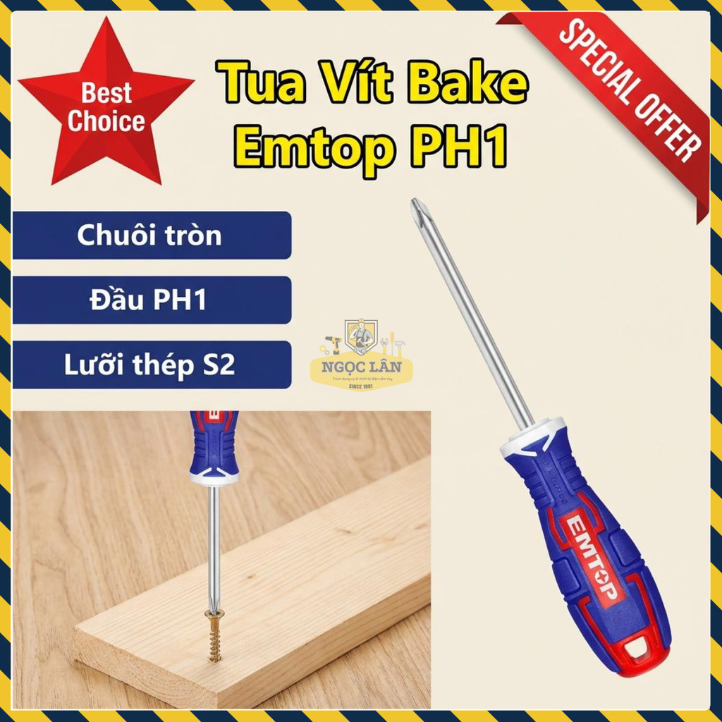 Tua Vít EMTOP 5x100mm PH1 Chuôi Tròn Lưỡi S2 ESDRPH1402