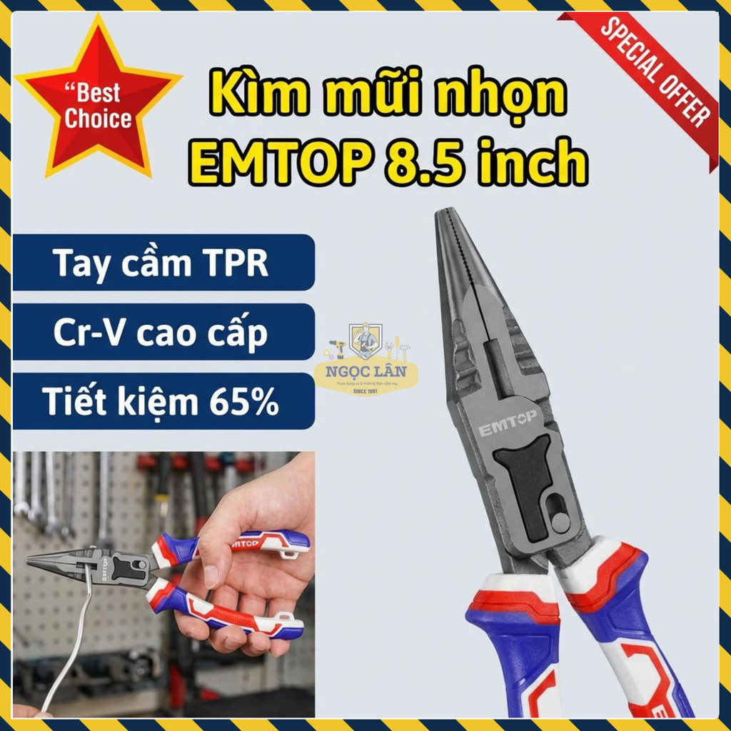 Kìm Mũi Nhọn 8.5 Inch Trợ Lực 65% EMTOP EPLRCL0851