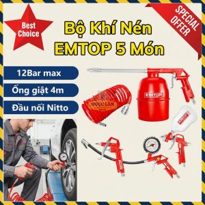Bộ Khí Nén EMTOP 5 Món, Đầu Nối Nitto, Ống Giật 4m (EATLS0503J)