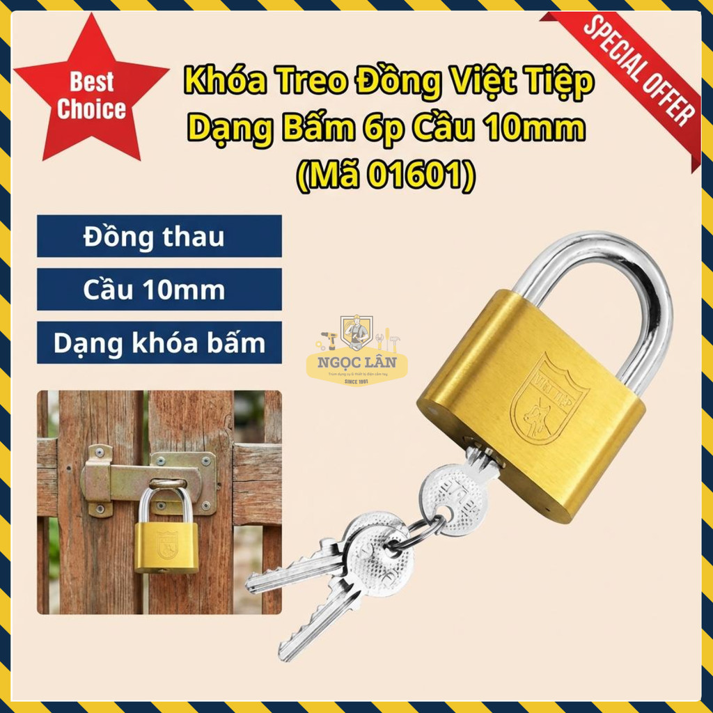 Khóa Treo Đồng Việt Tiệp Dạng Bấm 6 Phân Cầu 10mm Mã 01601 Chính hãng