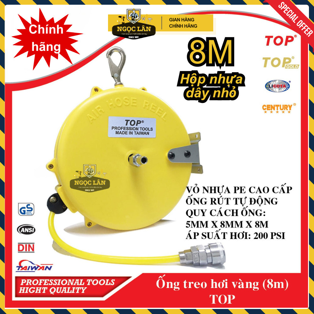 Cuộn dây hơi tự rút TOP 5mmx8mm dài 8m hộp nhựa vàng cao cấp