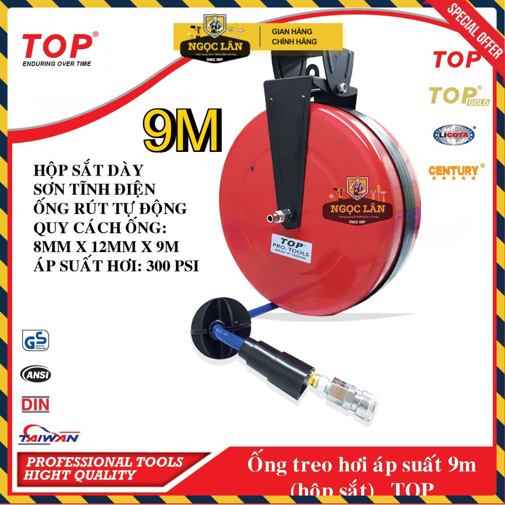 Cuộn dây hơi tự rút TOP đỏ 8x12mmx9m chính hãng Đài Loan cao cấp
