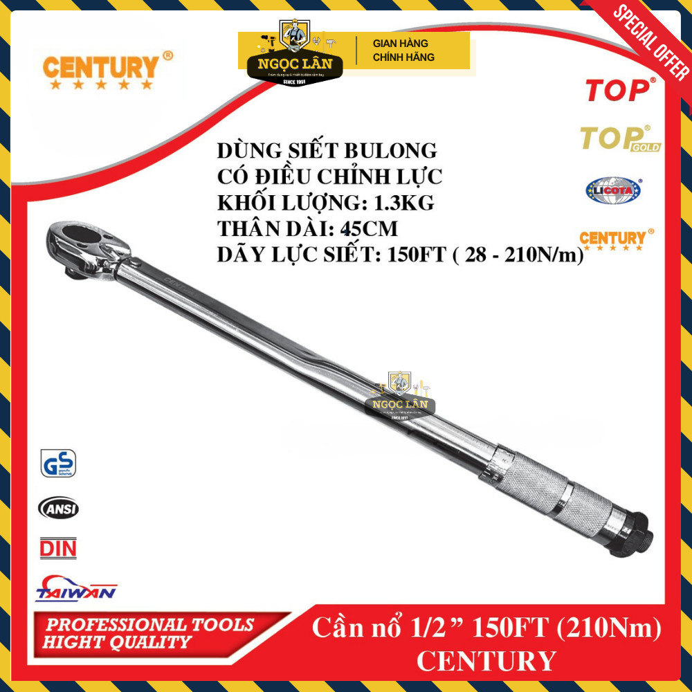 Cần Nổ Siết Chỉnh Lực CENTURY 1/2" (28-210 Nm) 450mm CR-V Chính Hãng - Ảnh 2