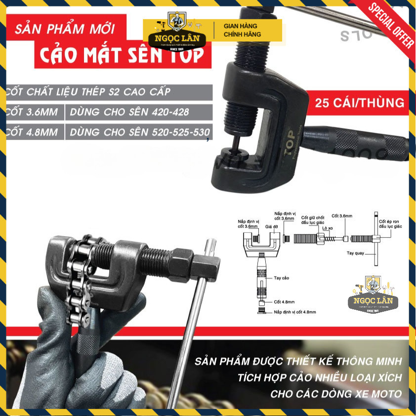 Cảo mắt sên TOP, Vam đột xích xe máy 3.6mm 4.8mm thép đúc - Ảnh 3