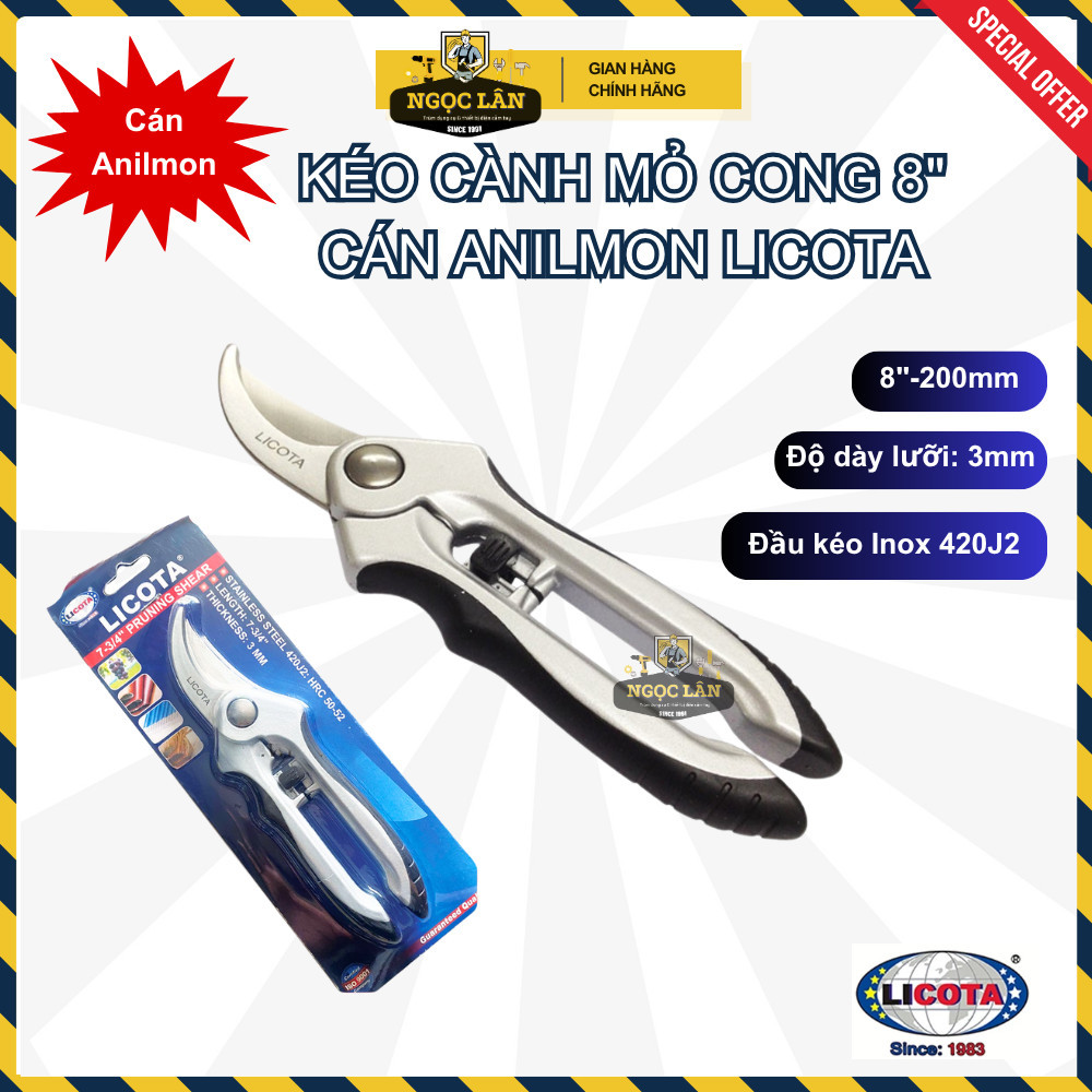 Kéo Cắt Cành mỏ cong Licota 8" (200mm) Cán Anilmon Đài Loan cao cấp