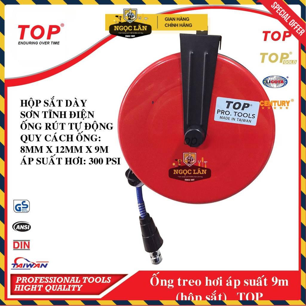 Cuộn dây hơi tự rút TOP đỏ 8x12mmx9m chính hãng Đài Loan cao cấp - Ảnh 2