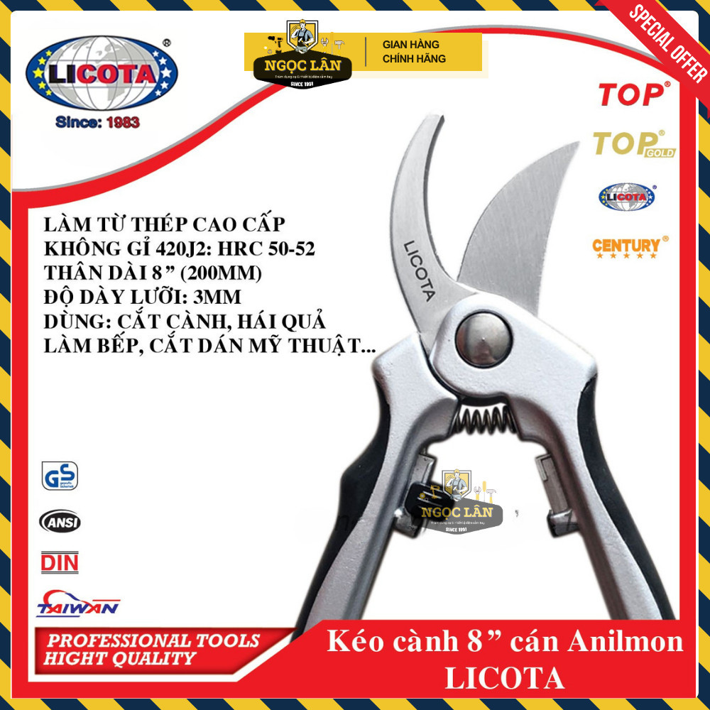 Kéo Cắt Cành mỏ cong Licota 8" (200mm) Cán Anilmon Đài Loan cao cấp - Ảnh 3
