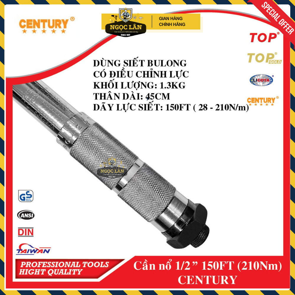 Cần Nổ Siết Chỉnh Lực CENTURY 1/2" (28-210 Nm) 450mm CR-V Chính Hãng - Ảnh 3