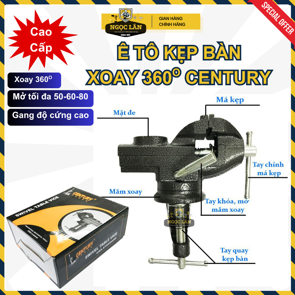 Ê tô kẹp bàn mini Century xoay 360 độ 50mm 60mm 80mm cao cấp