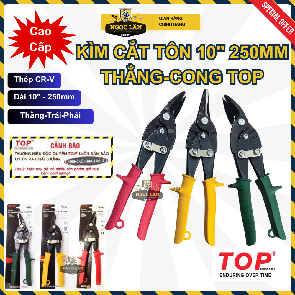 Kìm Kéo Cắt Tôn TOP 10" 250mm Lưỡi Thẳng, Cong Trái/Phải Thép CR-V